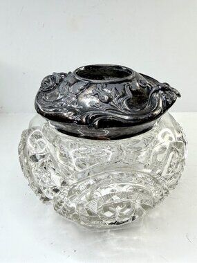 Victorian Cut Crystal Hair Receiver Silverplate Lid Repousse Art Nouveau A907